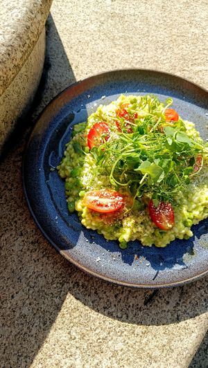 vegan green pea risotto at Café Morgal in Brno
