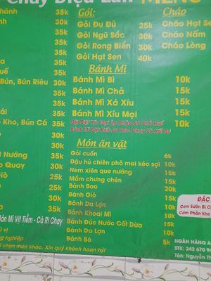 Menu on wall at Diệu Lan Quận 10 in Ho Chi Minh City