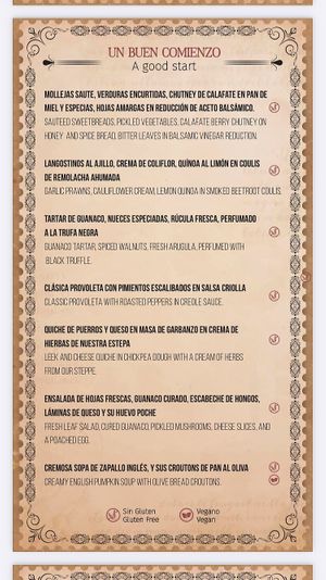 Appetizer menu  at La Zaina in El Calafate