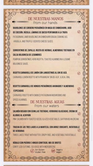 Main course menu  at La Zaina in El Calafate