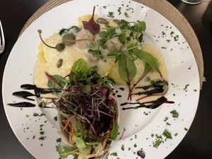 Mashed potatoes and “meat” dumplings with salad and caper sauce   at Petersilchen in Xanten