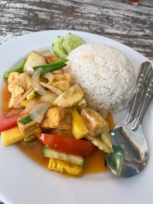 Sweet and sour tofu with rice. It was good but probably my least favourite (not really a fan of sweet and sour). at Genuine Thai Food in Phuket