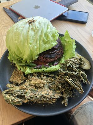 Burger and chips at Little Bird Kitchen in Auckland
