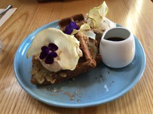 waffles and cashew ice cream  at Little Bird Kitchen in Auckland