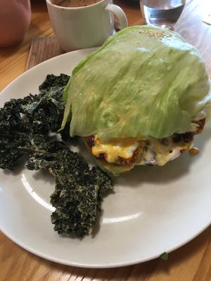 raw burger with kale chips at Little Bird Kitchen in Auckland