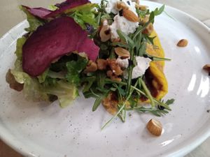 weekly special - tofu omlette with onion jam, rocket, and cashew cream cheese at Little Bird Kitchen in Auckland