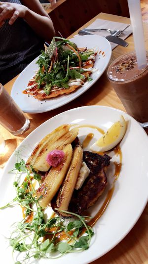 Hot cakes, Banana chocolate smoothie, kimchi pancake at Little Bird Kitchen in Auckland