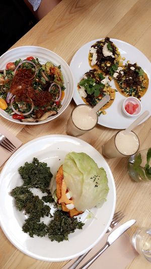 Kimchi Burger, Tacos, Noodle Salad, Banana Nut Milk at Little Bird Kitchen in Auckland