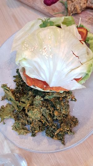 Kimchi burger with kale chips at Little Bird Kitchen in Auckland