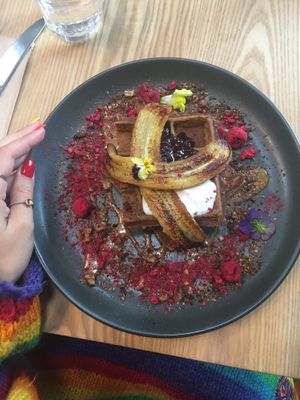 banana waffles  at Little Bird Kitchen in Auckland