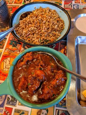 Gobi Manchurian (gravy) with fried rice at Mirchi - Indian Street Food in Winter Garden