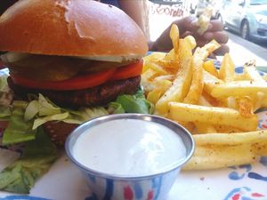 Vegan burger, french fries, vegan mayonnaise at Doobie's Vegan Bar in Haifa