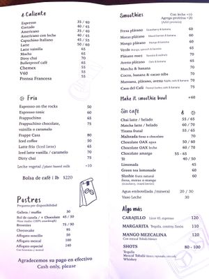 Drinks menu  at Casa del Café in Huatulco