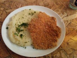 Awesome schnitzel with perfect mash potatoes at Green Shack in Tel Aviv