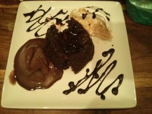 chocolate cake with coconut ice cream and chocolate ice cream, yummy at Green Shack in Tel Aviv