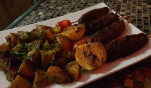 Vegan kebab with home fries. at Green Shack in Tel Aviv