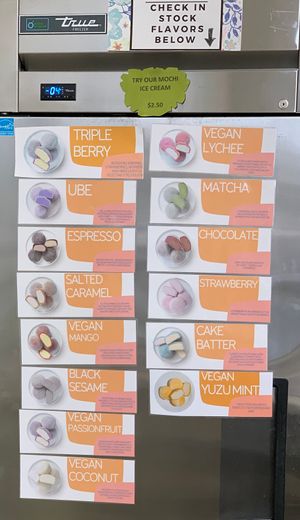 Mochi Frozen Dessert Menu. Today's Vegan offerings: Lychee, Mango, Coconut, Passion Fruit and Yuzu Mint at MI Boba in Kalamazoo