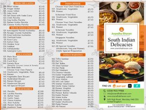 Menu at Anandha Bhavan in North West London