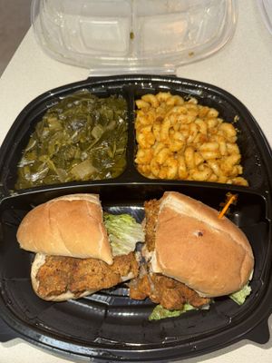 Fysh sandwich with greens and Mac and cheeze  at UnbelieVegan in Fairburn