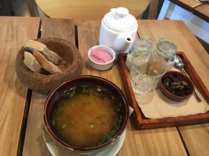 Tasty bread, miso soup and a delicious ginger orange tea at Bio Solo Organico in Buenos Aires