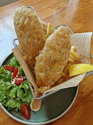 Fish and chips (vegan). Very nice. at MOD CAFE in East Singapore