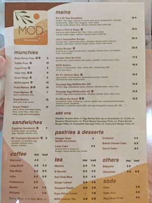 Menu at MOD CAFE in East Singapore