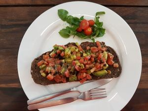 Avocado/Tomato/ Olive open face sandwich.  at May and Mark Restaurant in Krabi