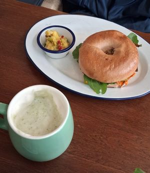 Vegan Bagel and Oat Matcha Latte at LivSimple in Larnaca