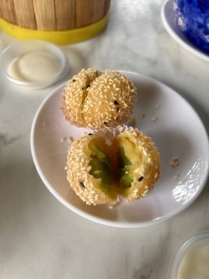 Sesame balls filled with pandan and white bean pastee  at WahKee Dim Sum in Ipoh