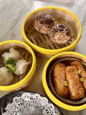 Prawn dumplings, mushroom buns and stuffed tofu skin  at WahKee Dim Sum in Ipoh