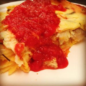 LASAGNA ZUCCA E CARCIOFI CON SALSA DI POMODORO_pumpkin, 'sak' potatoes and artichoke hearts with tomato sauce at Lazagne in Amsterdam