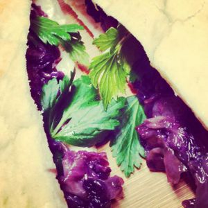 FOCACCIA CON RADICCHIO, HUMUS E FOGLIE DI SEDANO at Lazagne in Amsterdam