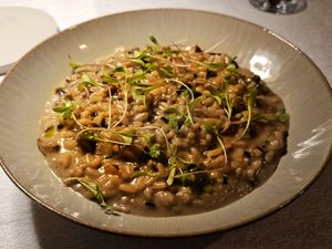 Wild mushroom risotto  (can be made vegan). at Flower Garden in Aveiro