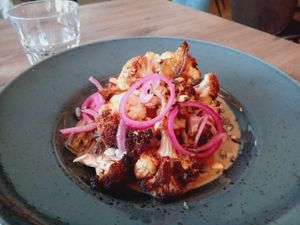 Roasted cauliflower with pickled red onions and chanterelle sauce (lunch) at Miss Sara in Hudiksvall