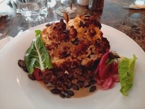 Roasted cauliflower with pumpkin seeds, pickled and chanterelle sauce. at Miss Sara in Hudiksvall