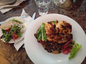 Roasted cauliflower with pumpkin seeds, pickled red onions and yellowfoot chantarelle mushrooms (lunch menu). at Miss Sara in Hudiksvall