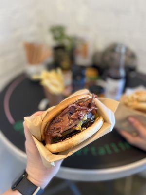 Juicy bbq burger with red cabbage, caramelised onion, pickles, cheese  at Retro Burger in Tallinn