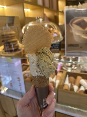 Dairy free Peanut Stracciatella and Salted Pistachio with a vegan friendly waffle     at Barroccino - Via Del Corso in Florence