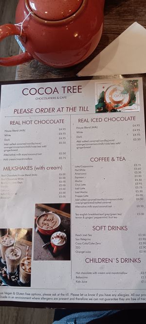 Drinks menu at Cocoa Tree Ramsbottom in Bury