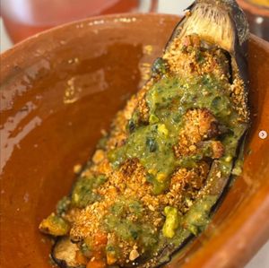 Stuffed Eggplant with pistaccio pesto at O Patusco in Porto