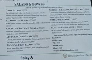 Salad menu. You can add tofu! at Endiro Coffee in Kampala