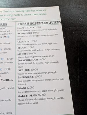 Juice menu at Endiro Coffee in Kampala