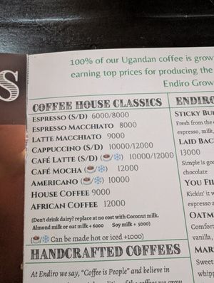 Coffee menu at Endiro Coffee in Kampala