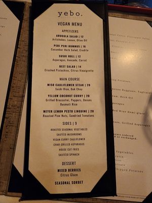 Vegan menu at Yebo Beach Haus in Atlanta