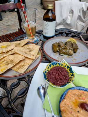 Dolmadakia, pitta bread, tapenade and aubergine dip at Zennoni Book and Tea Room in South East London