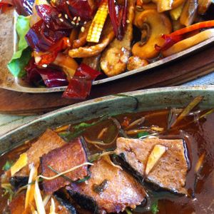 mock fish and mock chicken at Vegie Hut in Vientiane