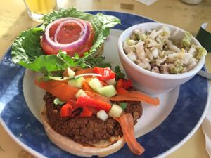 Black Bean Burger with Napa Cabbage Slaw at Cafe Evergreen in Nokomis