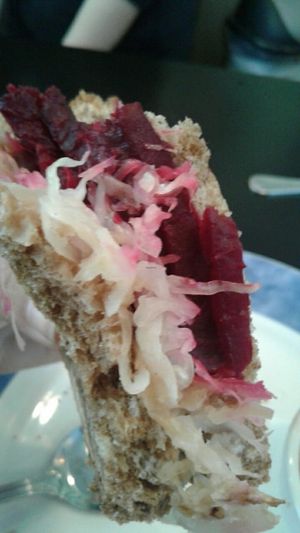 Vegan Beet Rueben Sandwich at Cafe Evergreen in Nokomis