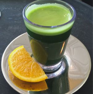 fresh Wheatgrass shot  at Cafe Evergreen in Nokomis