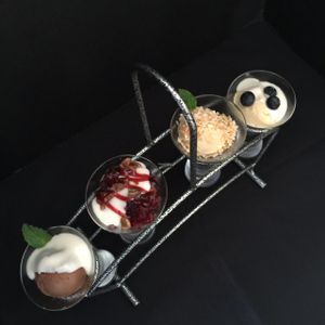 vegan desserts...chocolate mousse, peanut butter+chocolate cup, cranberry+pecan cup, key lime cup...mini indulgence! at Cafe Evergreen in Nokomis